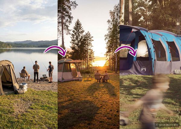 Razdeljen pasični prikaz prikazuje napredovanje kamping izku&scaron;enj. Na levi strani trije ljudje ribarijo in se spro&scaron;čajo ob manj&scaron;em &scaron;otoru ob jezeru ob sončnem zahodu. Na sredini dva človeka sedita za mizo z večjim modro-sivim &scaron;otorom v ozadju, prav tako ob sončnem zahodu. Desni del prikazuje zamegljen pogled večje &scaron;otorske konstrukcije. Pu&scaron;čice označujejo prehod med prizori in nadgradnjo doživetja na prostem.