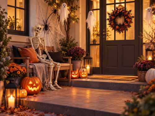 Vhodna veranda, okra&scaron;ena za Halloween, s svetlečimi bučami, okostnjakom na klopi, visečimi duhovi, pajčevinami in toplimi prazničnimi lučkami.