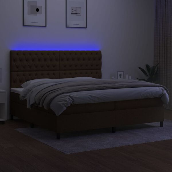 vidaXL Box spring postelja z vzmetnico LED temno rjava 200x200cm blago