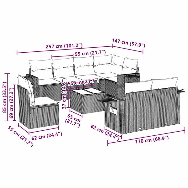 vidaXL Vrtna sedežna garnitura 9-delna z blazinami črn poli ratan