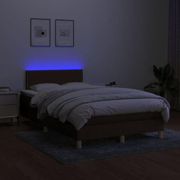 vidaXL Box spring postelja z vzmetnico LED tem. rjava 120x200 cm blago