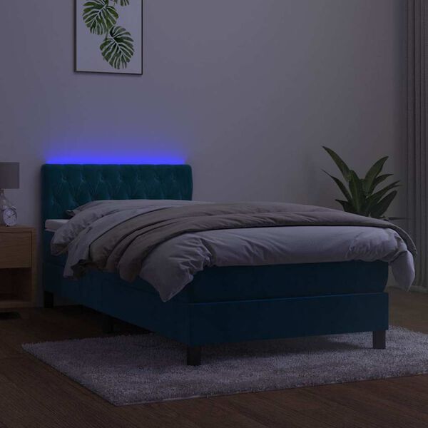 vidaXL Box spring postelja z vzmetnico LED temno modra 90x200 cm žamet