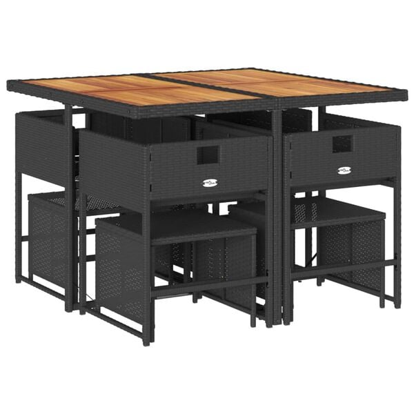 vidaXL Vrtna jedilna garnitura 9-delna z blazinami črn poli ratan