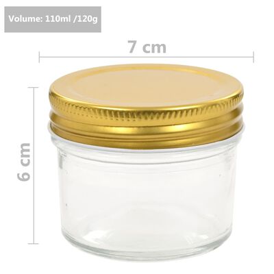 vidaXL Stekleni kozarci z zlatimi pokrovi 96 kosov 110 ml