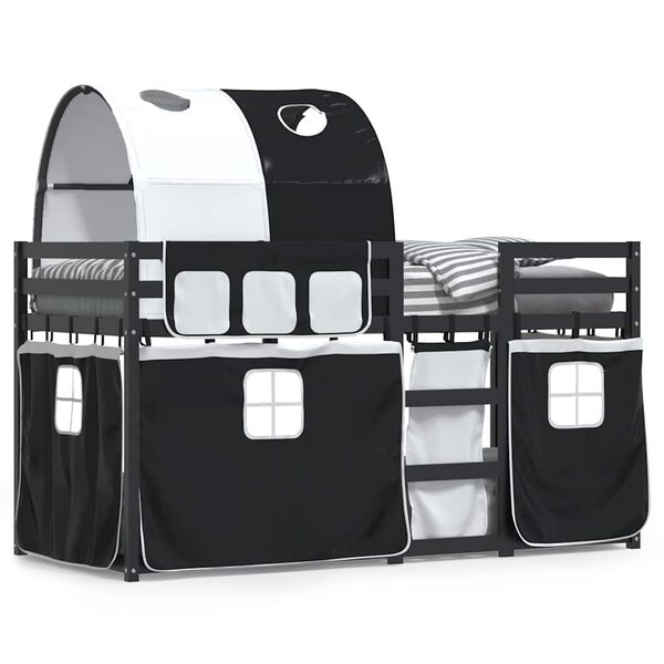 vidaXL Pograd z zavesami bel in črn 90x190 cm trdna borovina