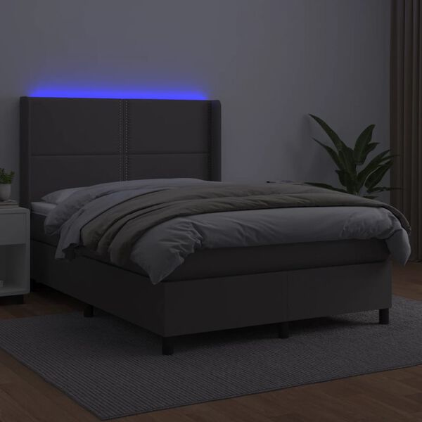 vidaXL Box spring postelja z vzmetnico LED siva 140x200cm umetno usnje