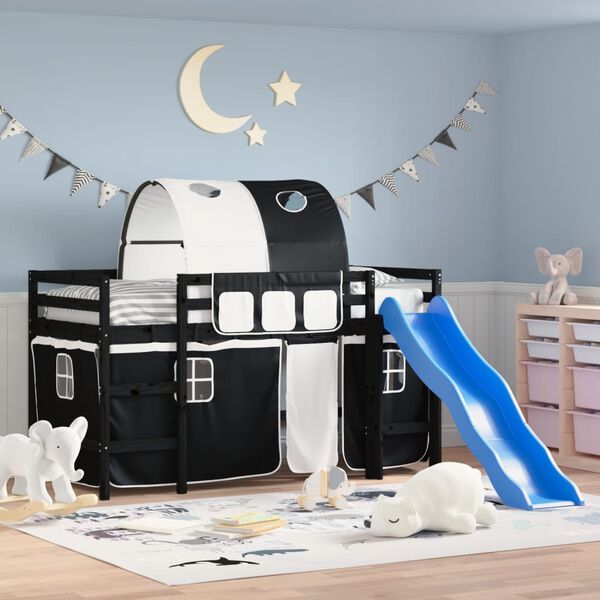 vidaXL Otroški pograd s tunelom bel in črn 90x190 cm trdna borovina