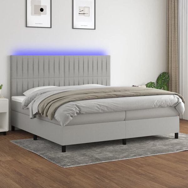 vidaXL Box spring postelja z vzmetnico LED sv. siva 200x200 cm blago