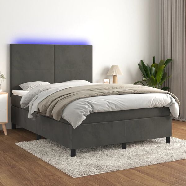 vidaXL Box spring postelja z vzmetnico LED temno siva 140x190 cm žamet