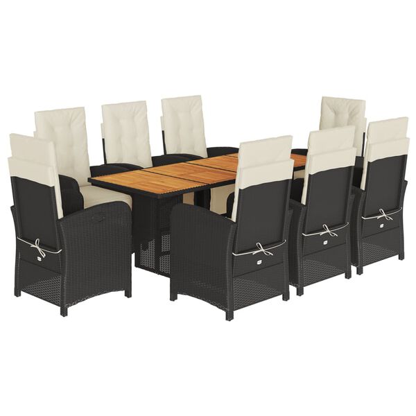 vidaXL Vrtna jedilna garnitura 9-delna z blazinami črn poli ratan