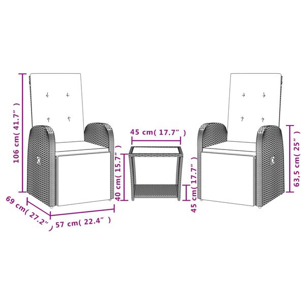vidaXL Vrtna jedilna garnitura 3-delna z blazinami siv poli ratan