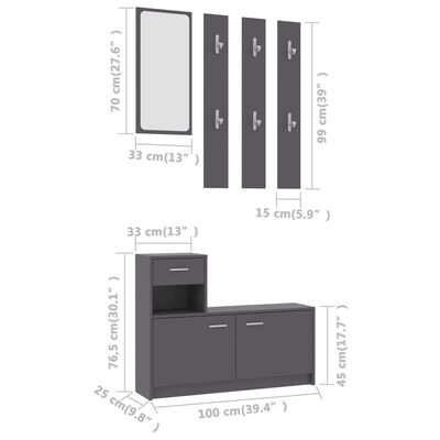 vidaXL Enota za hodnik siva 100x25x76,5 cm iverna plošča