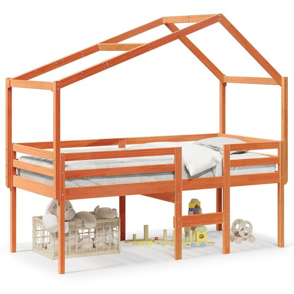 vidaXL Visoka postelja s streho voščeno rjava 90x200 cm trdna borovina