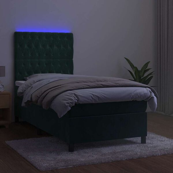 vidaXL Box spring postelja z vzmetnico LED tem. zelena 100x200cm žamet