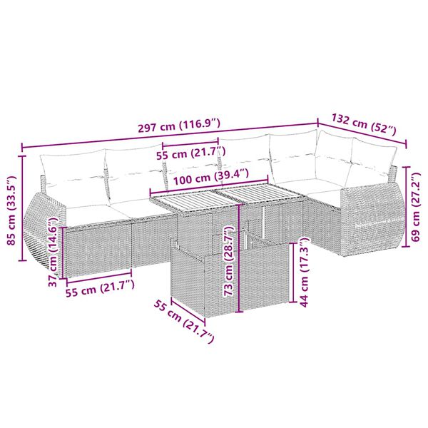 vidaXL Vrtna sedežna garnitura 7-delna z blazinami bež poli ratan