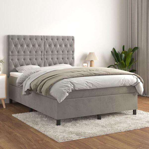 vidaXL Box spring postelja z vzmetnico svetlo siva 140x200 cm žamet