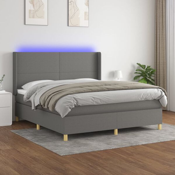 vidaXL Box spring postelja z vzmetnico LED temno siva 160x200 cm blago