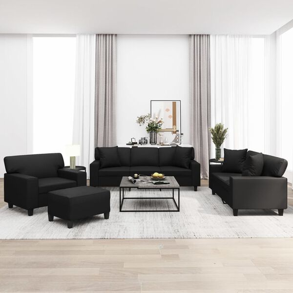 vidaXL Sedežna garnitura 4-delna z okrasnimi blazinami črno um. usnje