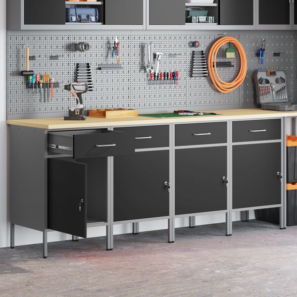 vidaXL Delovna omara s predalom 4 pcs Črna in siva 200 x 55 x 85 cm