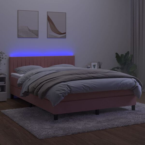 vidaXL Box spring postelja z vzmetnico LED roza 140x190 cm žamet