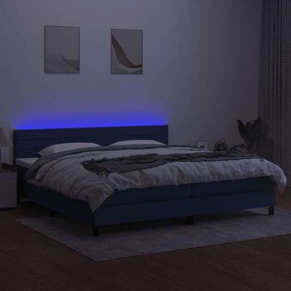 vidaXL Box spring postelja z vzmetnico LED modra 200x200 cm blago
