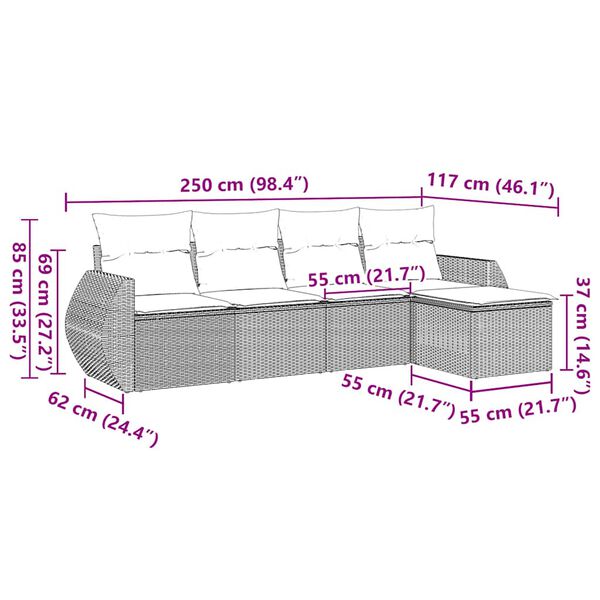 vidaXL Vrtna sedežna garnitura 5-delna z blazinami črn poli ratan