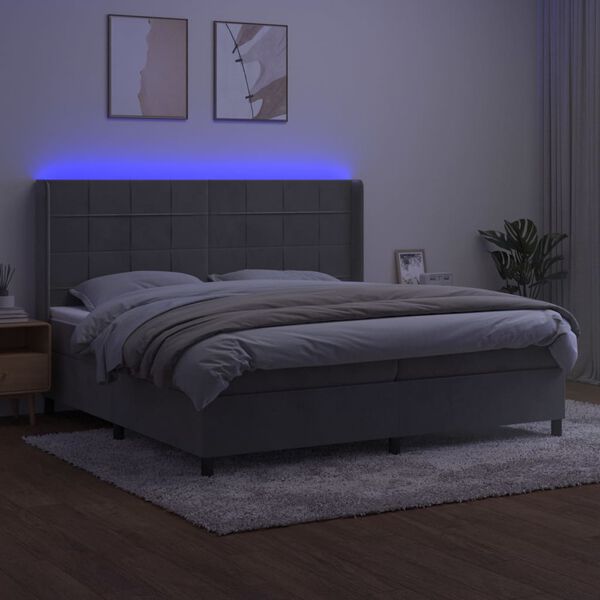 vidaXL Box spring postelja z vzmetnico LED svetlo siva 200x200cm žamet