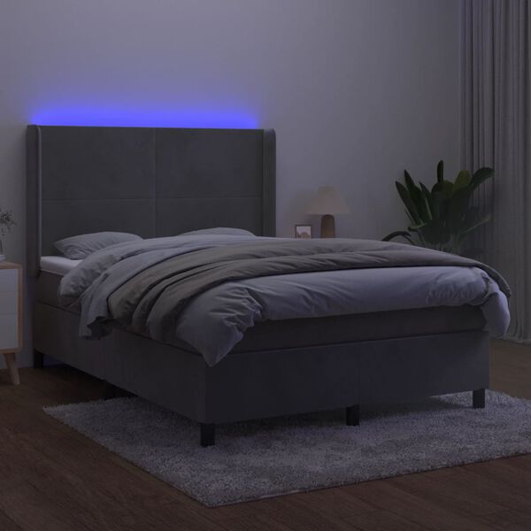 vidaXL Box spring postelja z vzmetnico LED svetlo siva 140x200cm žamet