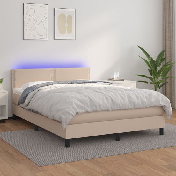 vidaXL Box spring postelja z vzmetnico LED kapučino 140x190 cm