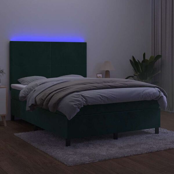 vidaXL Box spring postelja z vzmetnico LED tem. zelena 140x190cm žamet