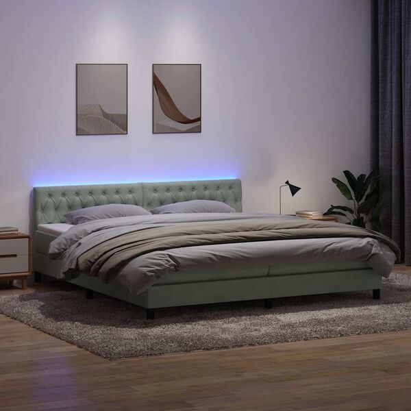 vidaXL Box spring postelja z vzmetnico LED svetlo siva 200x220 cm žametna