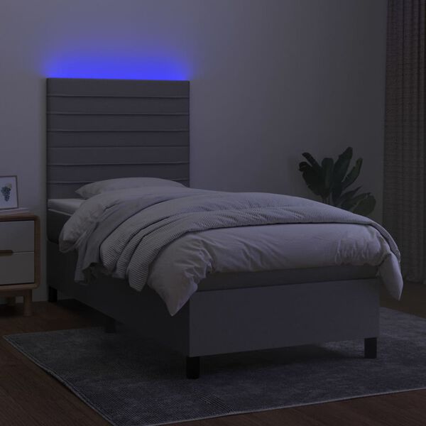 vidaXL Box spring postelja z vzmetnico LED svetlo siva 90x200 cm blago