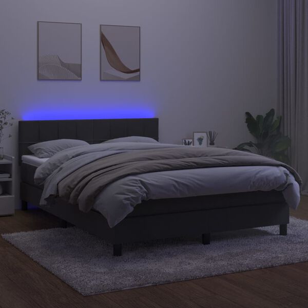 vidaXL Box spring postelja z vzmetnico LED temno siva 140x190 cm žamet