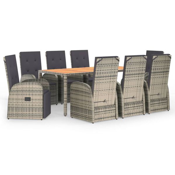 vidaXL Vrtna jedilna garnitura 9-delna z blazinami siv poli ratan
