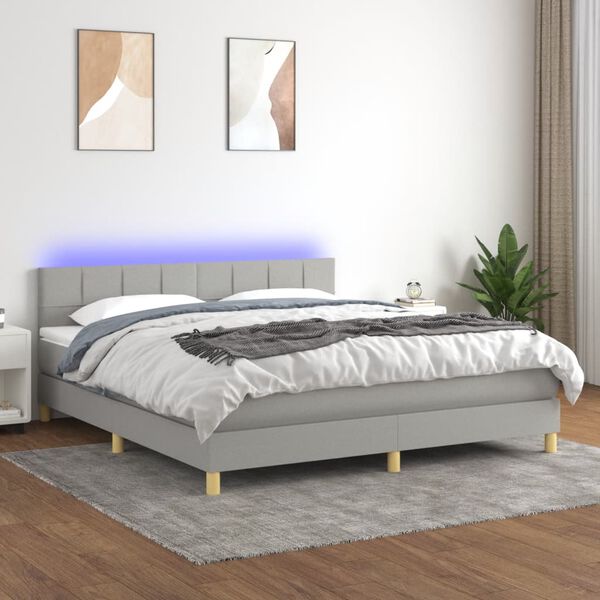 vidaXL Box spring postelja z vzmetnico LED sv. siva 180x200 cm blago