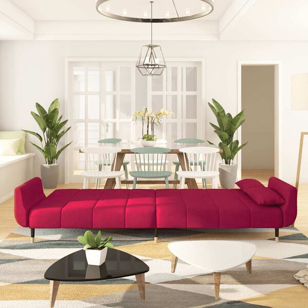 vidaXL Raztegljiv kavč dvosed z blazinama vinsko rdeč žamet