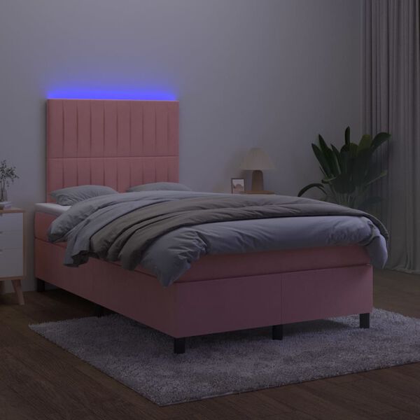 vidaXL Box spring postelja z vzmetnico LED roza 120x200 cm žamet