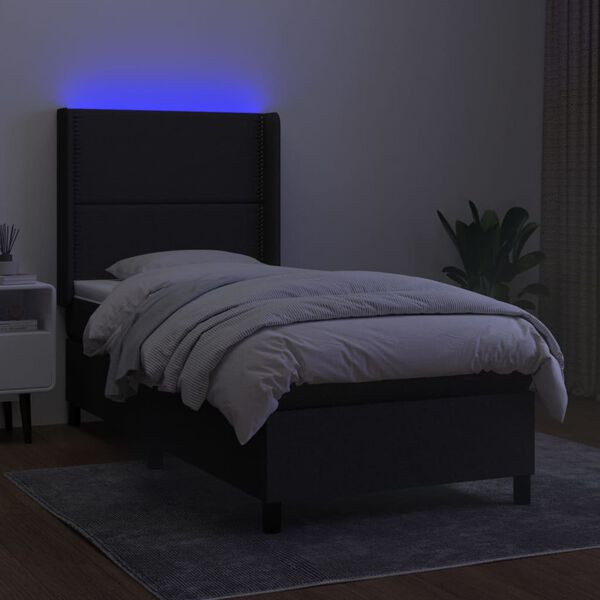 vidaXL Box spring postelja z vzmetnico LED črna 90x200 cm blago