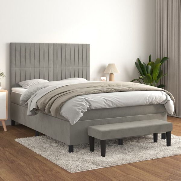 vidaXL Box spring postelja z vzmetnico svetlo siva 140x200 cm žamet
