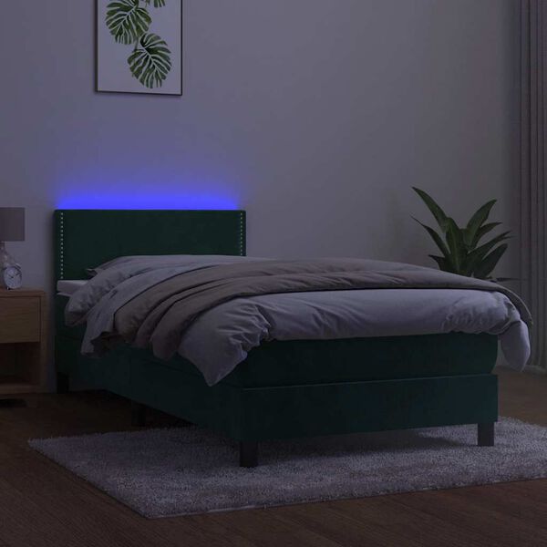 vidaXL Box spring postelja z vzmetnico LED tem. zelena 80x200 cm žamet
