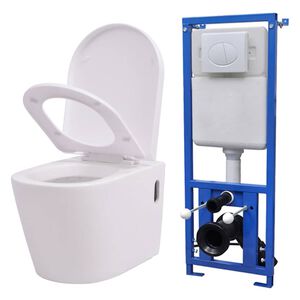 vidaXL Viseča WC &Scaron;koljka z Vgradnim Kotličkom Keramična Bela