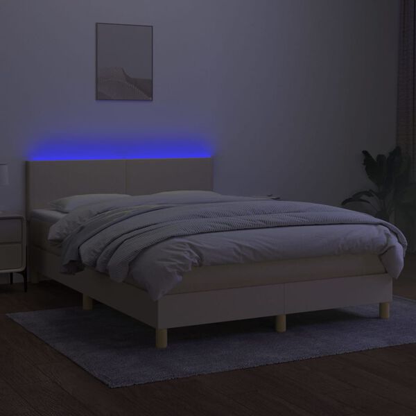 vidaXL Box spring postelja z vzmetnico LED krem 140x190 cm blago