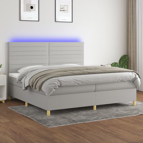 vidaXL Box spring postelja z vzmetnico LED sv. siva 200x200 cm blago