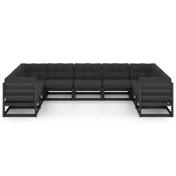 vidaXL Vrtna sedežna garnitura 9-delna z blazinami črna trdna borovina