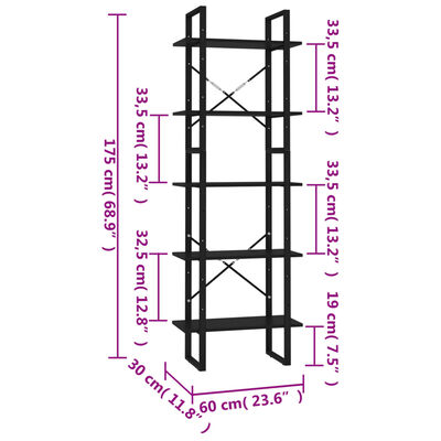 vidaXL Knjižna omara 5-nadstropna črna 60x30x175 cm inženirski les