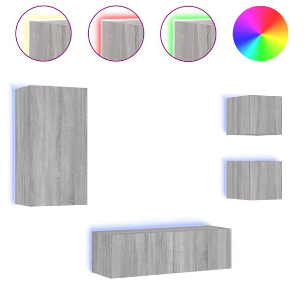 vidaXL Stenske TV omarice z LED lučkami 4 kosi siva sonoma