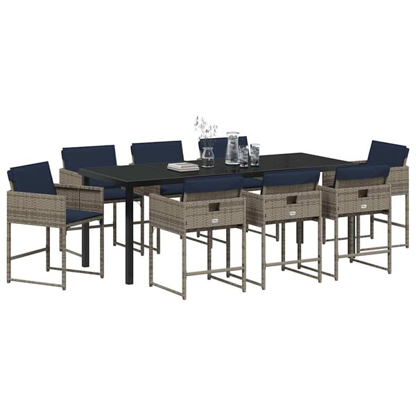 vidaXL Komplet za jedilnico v vrtu z blazino 9 pcs Siva poli ratan