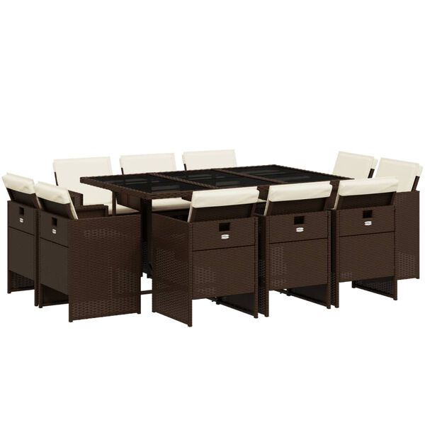 vidaXL Vrtna jedilna garnitura 11-delna z blazinami rjava poli ratan