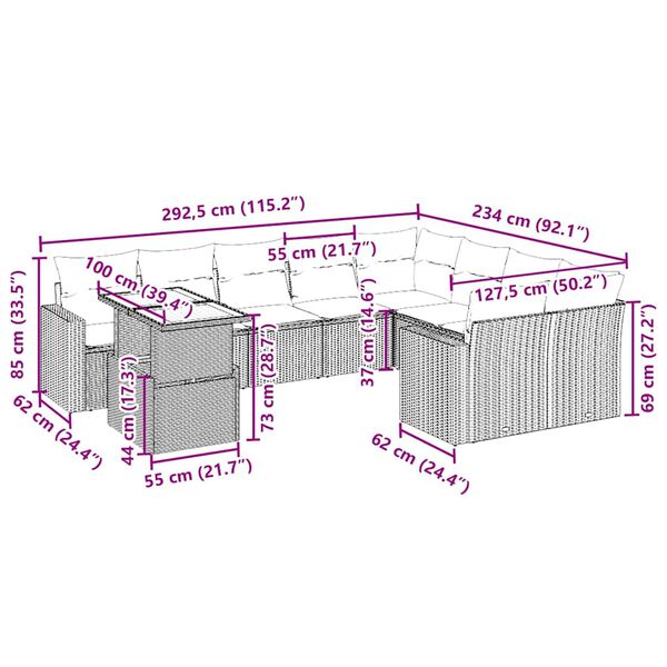 vidaXL Vrtna sedežna garnitura 10-delna z blazinami bež poli ratan