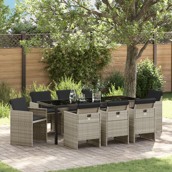 vidaXL Komplet za jedilnico v vrtu 9 pcs Svetlo siva poli ratan